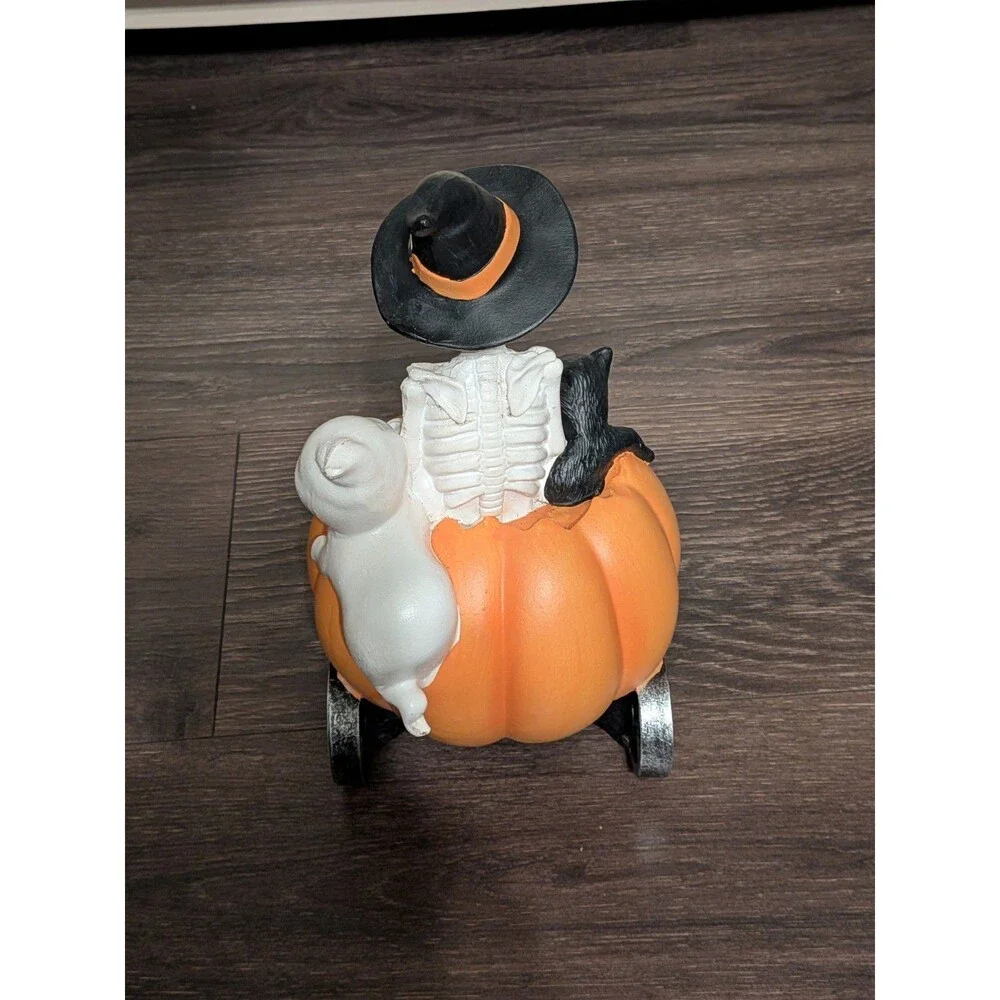 Halloween Resin Figurine Skeleton Witch Hat Pumpkin w/ Black Cat & Ghost Painted